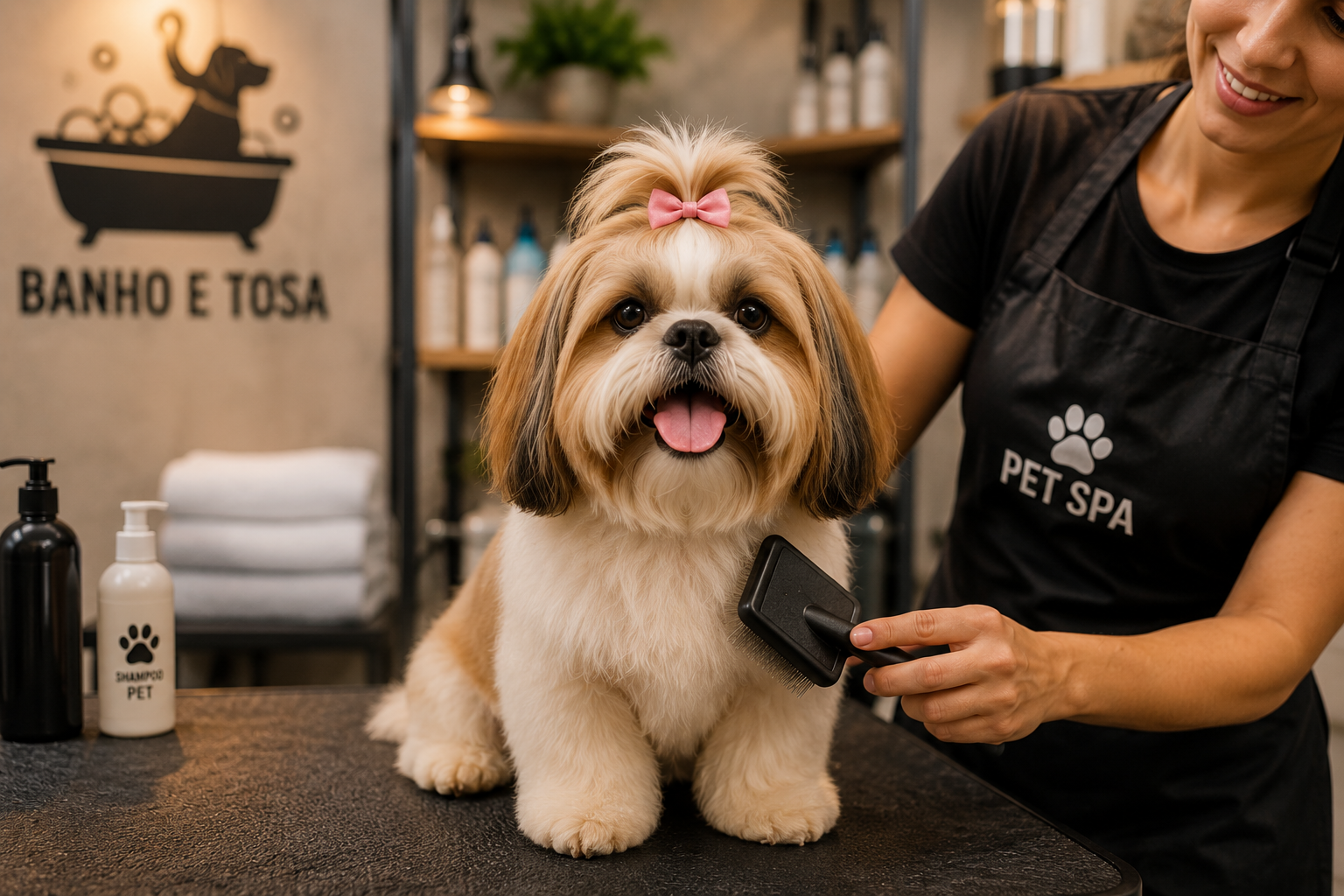 Pet sendo escovado em estúdio de banho e tosa AMZGO